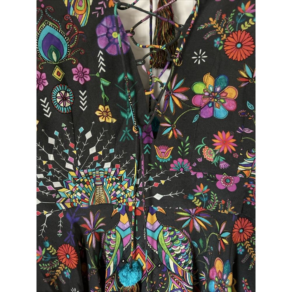 Matthew Williamson Silk Dress laceup with tassel hem bell long slv bright New 4 - Picture 2 of 16